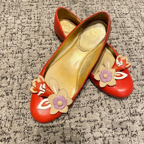 Coach Shoes - Coach Red/Orange Leather Floral Decal Flats 8.5